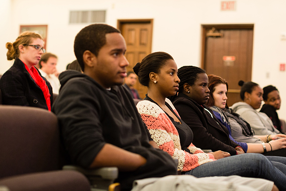 Students attend a discussion around the advancement of African Americans since the Civil Rights Movement led by AAAS faculty Julian Chambliss and Claire Strom.