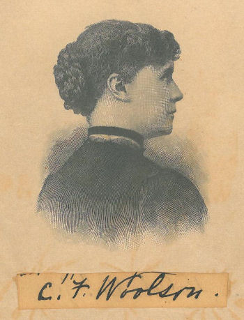 A right-facing illustrative portrait of a white woman, Clare Benedict