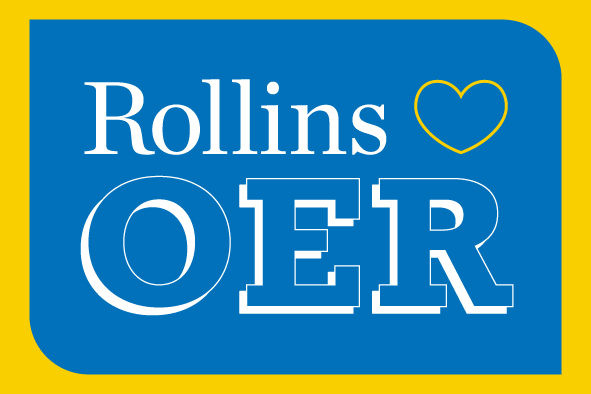 White text "Rollins (heart-icon) OER" overlay on a blue background with an outer yellow border