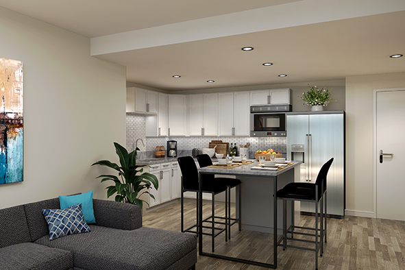 Each unit will be anchored by a shared living area that includes a sleek kitchen and dining area as well as a comfy, fully furnished living room.