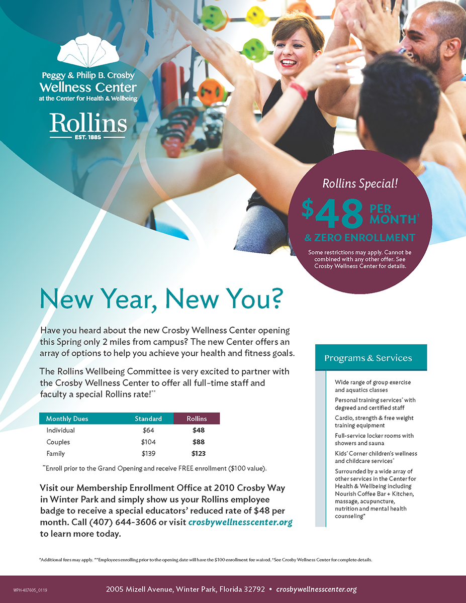 Informative poster outlining the Rollins Crosby Wellness Center Special Offer